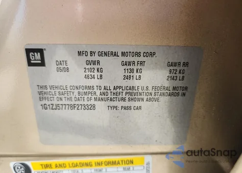 2008 Chevrolet Malibu 2Lt из США, поврежденный, VIN 1G1ZJ57778F273328